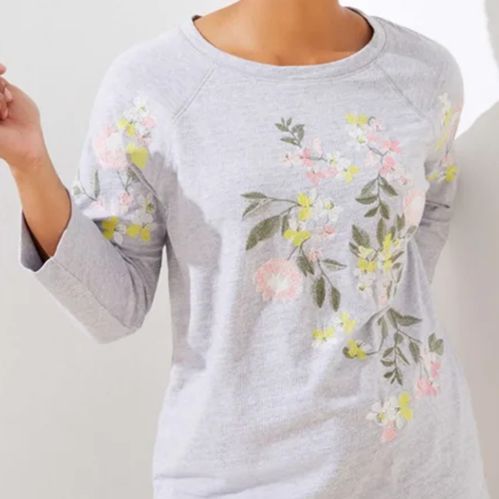 LOFT | Gray Floral Embroidered 100% Organic Cotton Raglan Top
